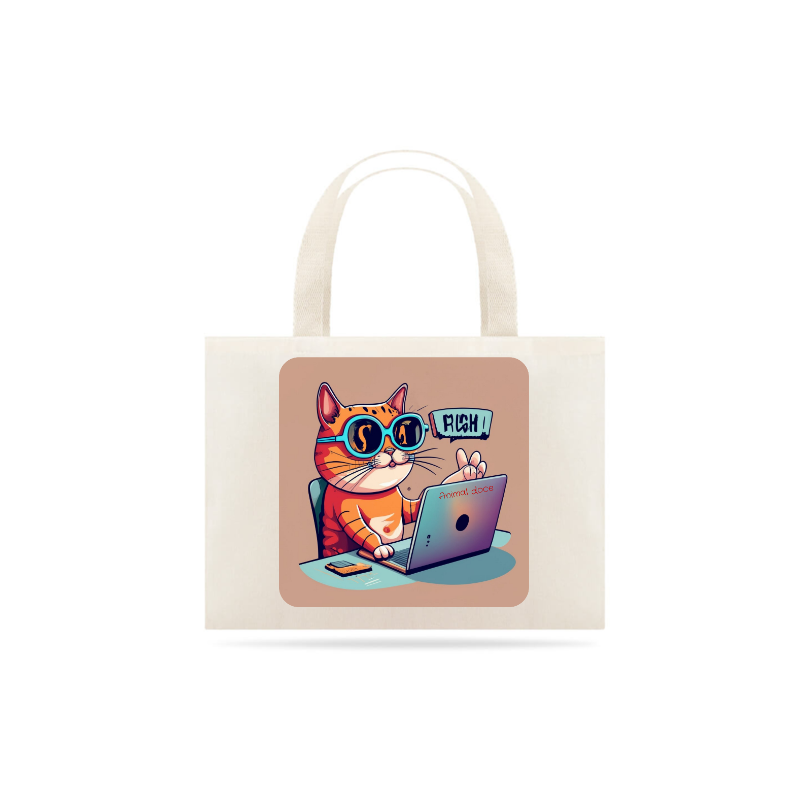 Nome do produto: ECOBAG GRANDE CRU, CAT GEEK ON THE COMPUTER, 100%ALGODAO