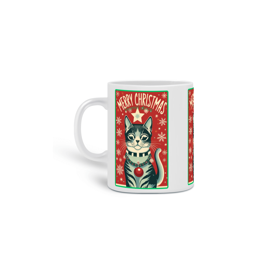 Nome do produto: CANECA PERSONALIZADA CRIATIVA EM CERÂMICA, 325ML C/03 LADOS CAT MERRY CHRISTIMAS