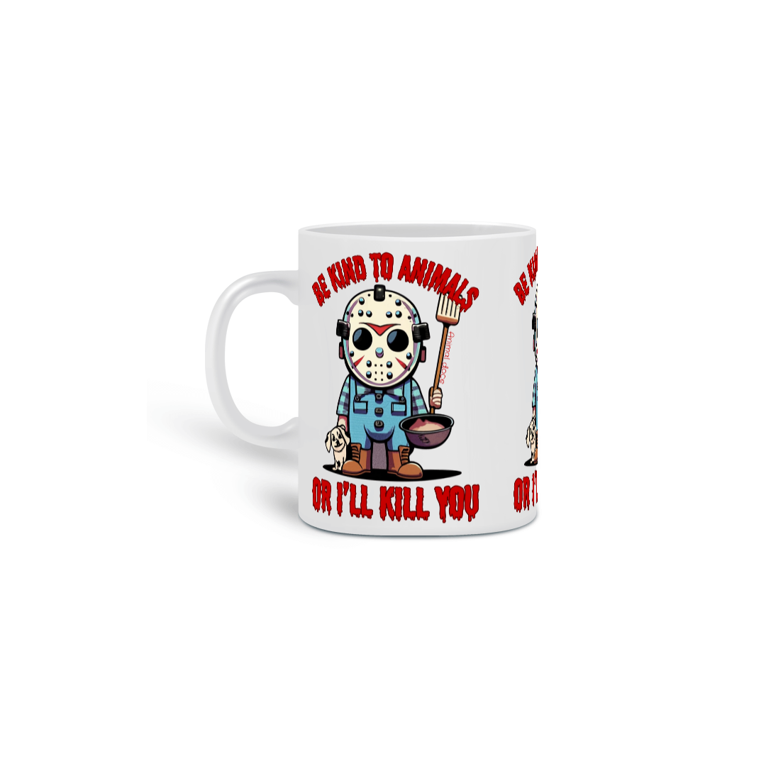 Nome do produto: CANECA PERSONALIZADA CRIATIVA EM CERÂMICA, 325ML C/03 LADOS DOG JASON BE KIND SEXTA FEIRA 13
