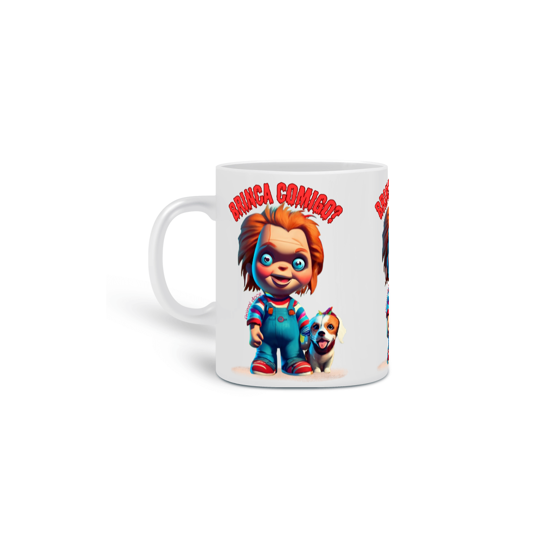 Nome do produto: CANECA PERSONALIZADA CRIATIVA EM CERÂMICA, 325ML C/03 LADOS DOG, LINHA FILME CHUCKY BRINCA COMIGO