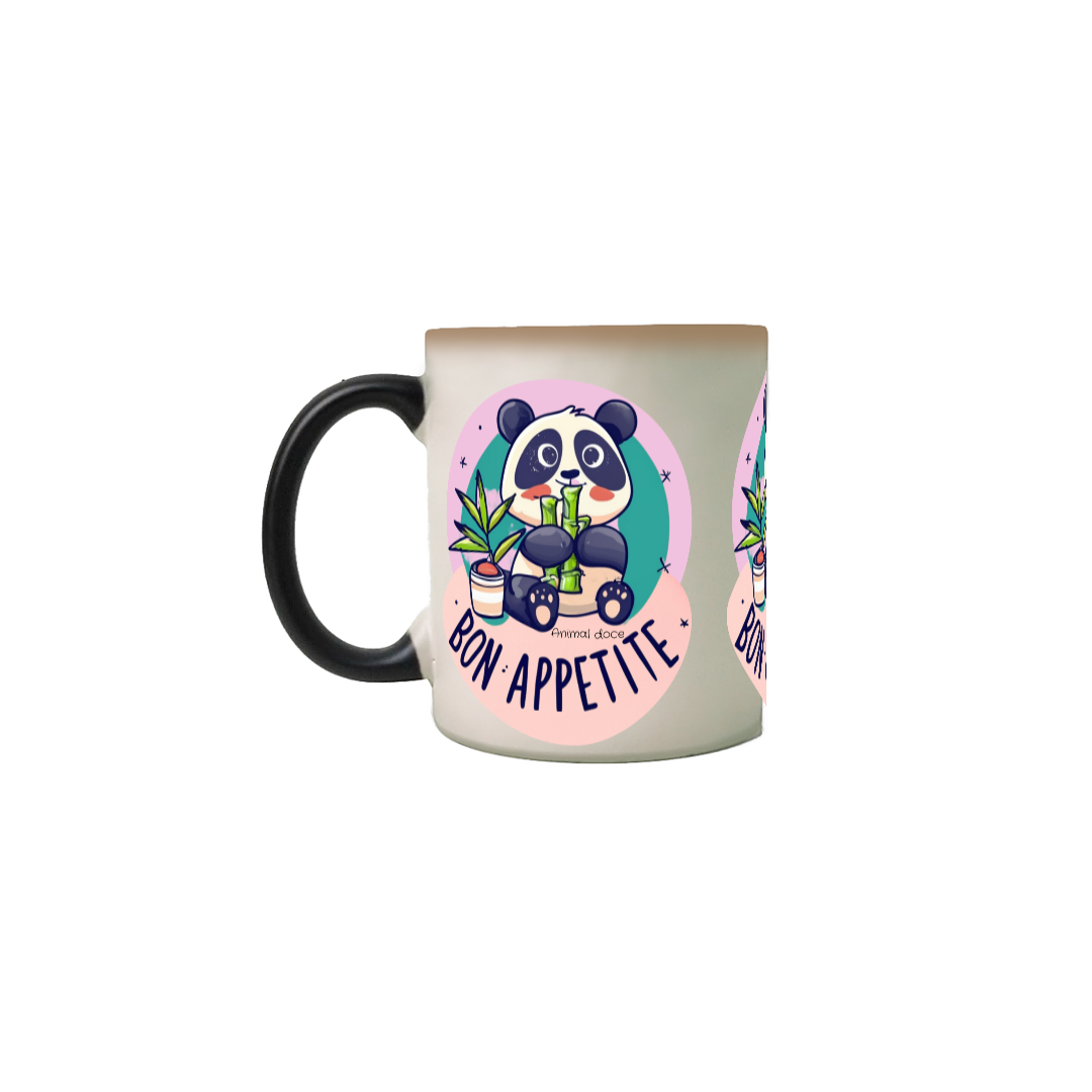 Nome do produto: CANECA MÁGICA PERSONALIZADA CRIATIVA EM CERÂMICA, 325ML C/03 LADOS PANDINHA COMELÃO, BON APPETITE