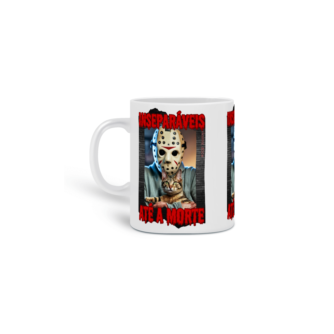 Nome do produto:  CANECA PERSONALIZADA CRIATIVA EM CERÂMICA, 325ML C/03 LADOS CAT, LINHA FILME JASON INSEPARAVEIS ATE A MORTE SEXTA FEIRA 13