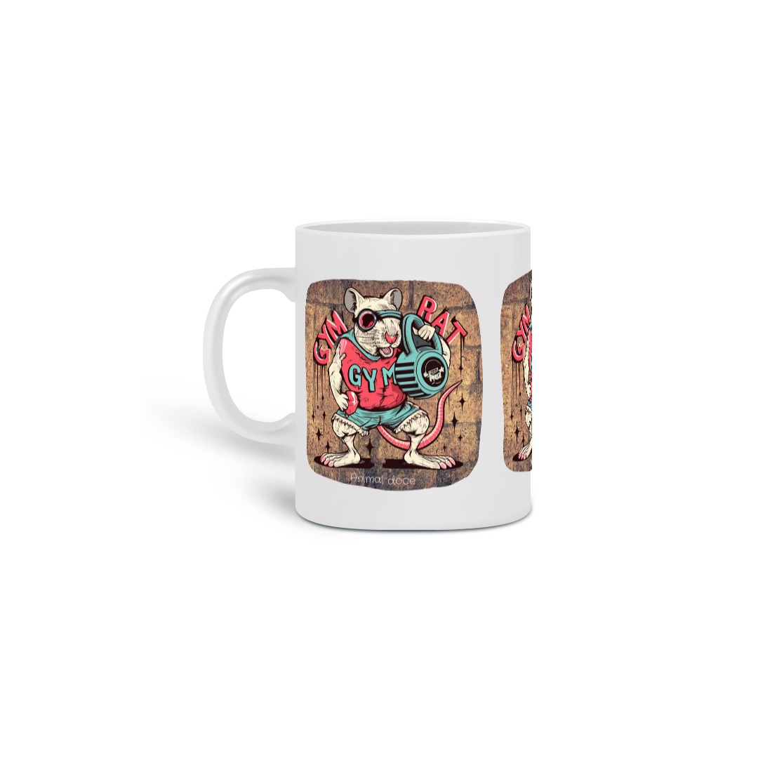 Nome do produto: CANECA PERSONALIZADA CRIATIVA EM CERÂMICA 325ML 03 LADOS, MEME-GYM RAT