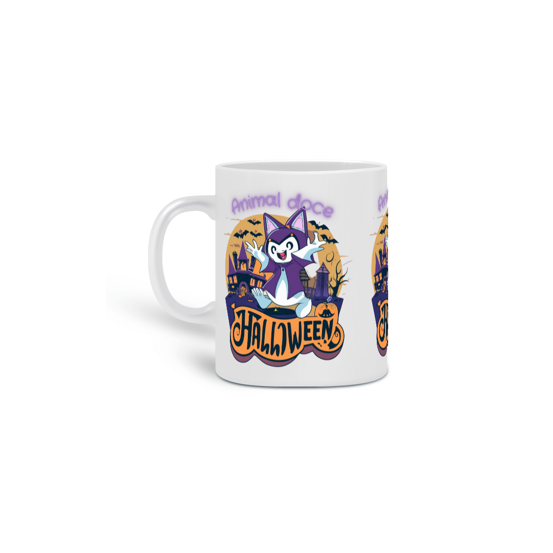 Nome do produto: CANECA PERSONALIZADA CRIATIVA EM CERÂMICA 325ML 03 LADOS, CAT HALLOWEEN 