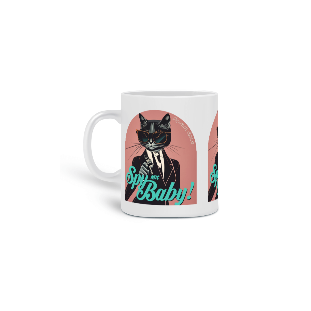 Nome do produto: CANECA PERSONALIZADA CRIATIVA EM CERÂMICA 325ML 03 LADOS CAT, SPY ME BABY