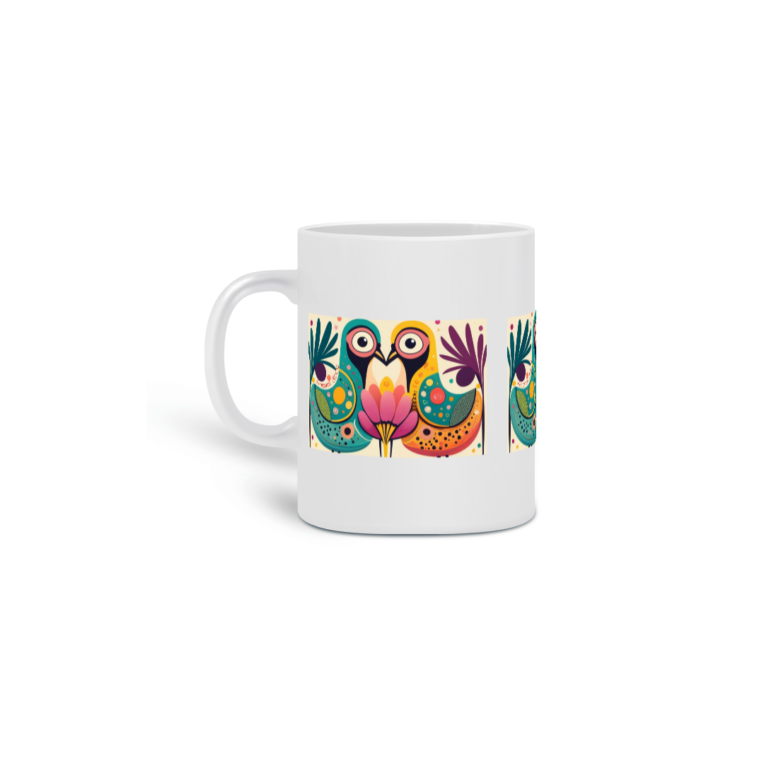 Nome do produto: CANECA PERSONALIZADA CRIATIVA EM CERÂMICA 325ML 03 LADOS, COLORFUL BIRDS