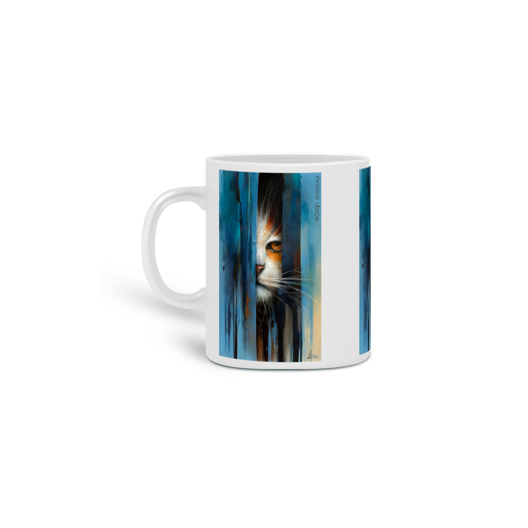 Nome do produto: CANECA PERSONALIZADA CRIATIVA EM CERÂMICA 325ML 03 LADOS, MYSTERIOUS CAT