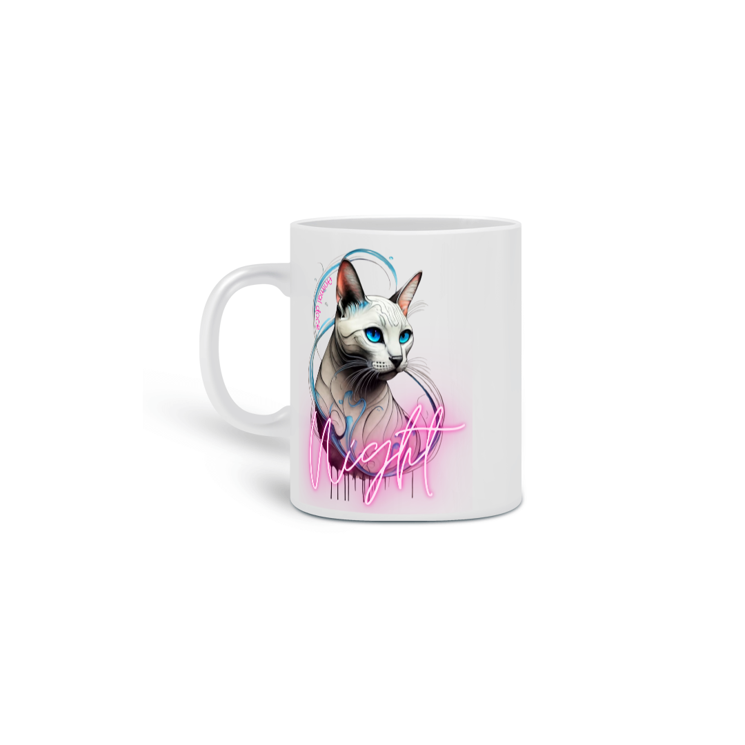 Nome do produto: CANECA PERSONALIZADA CRIATIVA EM CERÂMICA 325ML 02 LADOS, CAT NIGHT 