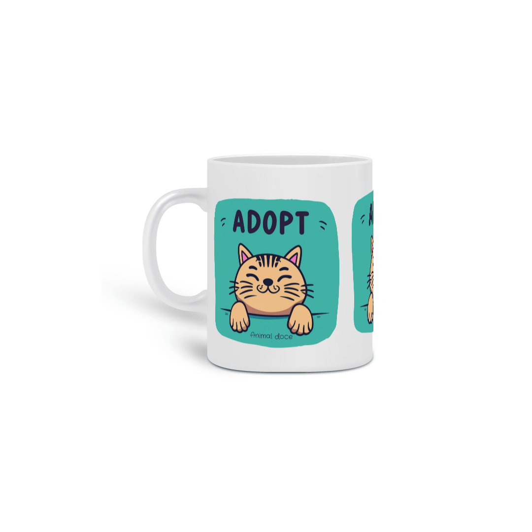 Nome do produto: CANECA PERSONALIZADA CRIATIVA EM CERÂMICA 325ML 03 LADOS, ADOPT CAT 