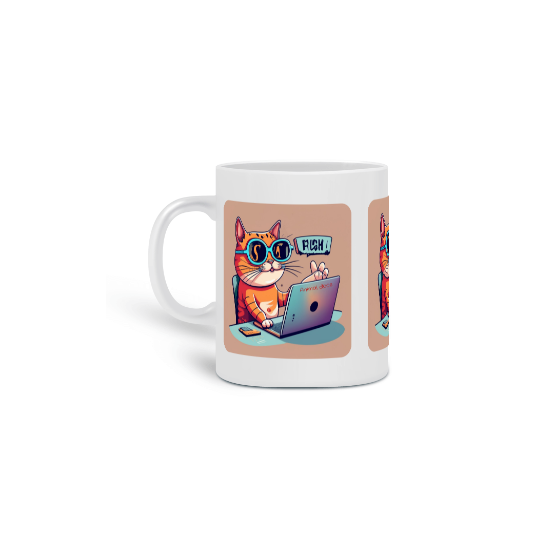 Nome do produto: CANECA PERSONALIZADA CRIATIVA EM CERÂMICA 325ML 03 LADOS, CAT GEEK ON THE COMPUTER