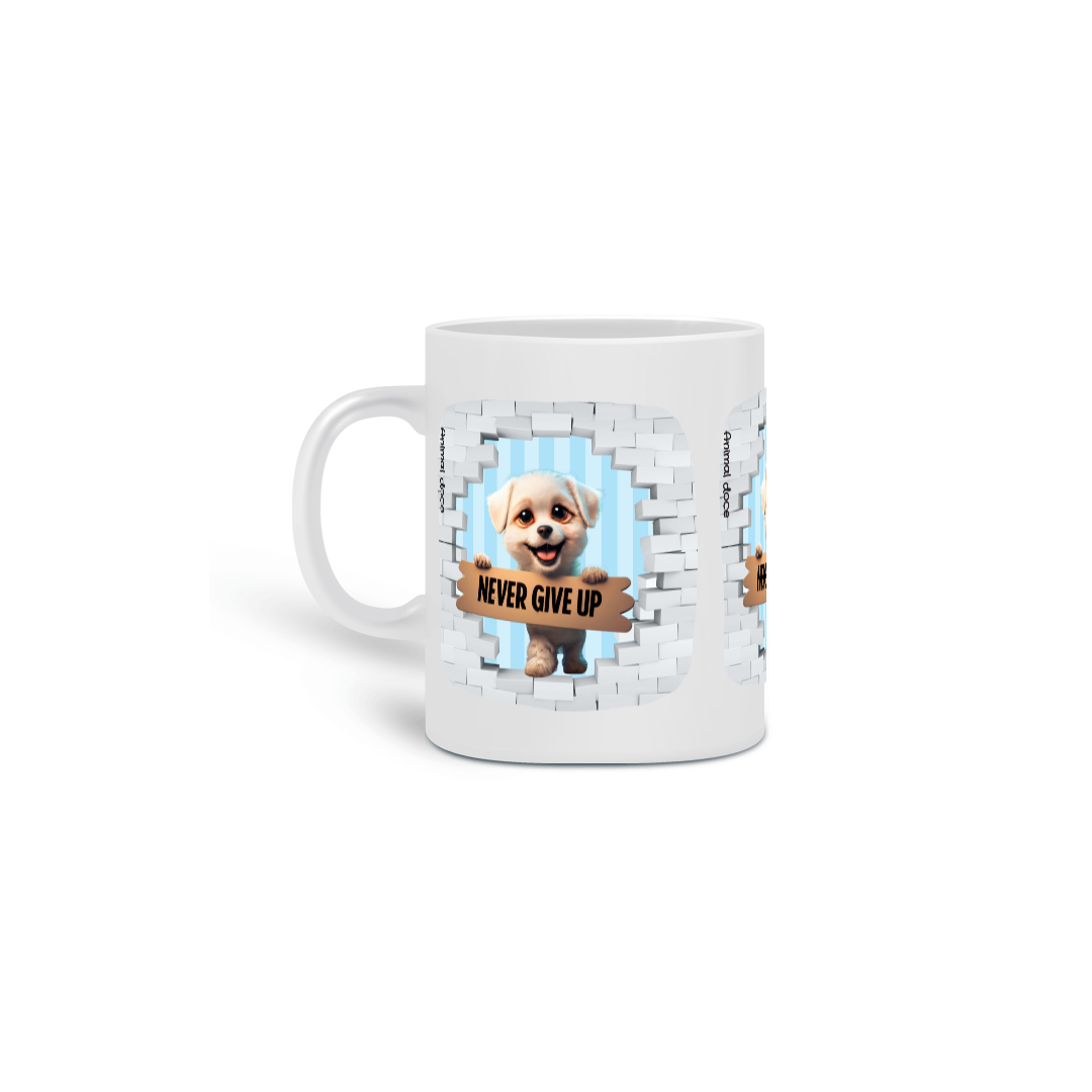 Nome do produto:  CANECA PERSONALIZADA CRIATIVA EM CERÂMICA, 325ML C/03 LADOS DOG NEVER GIVE UP