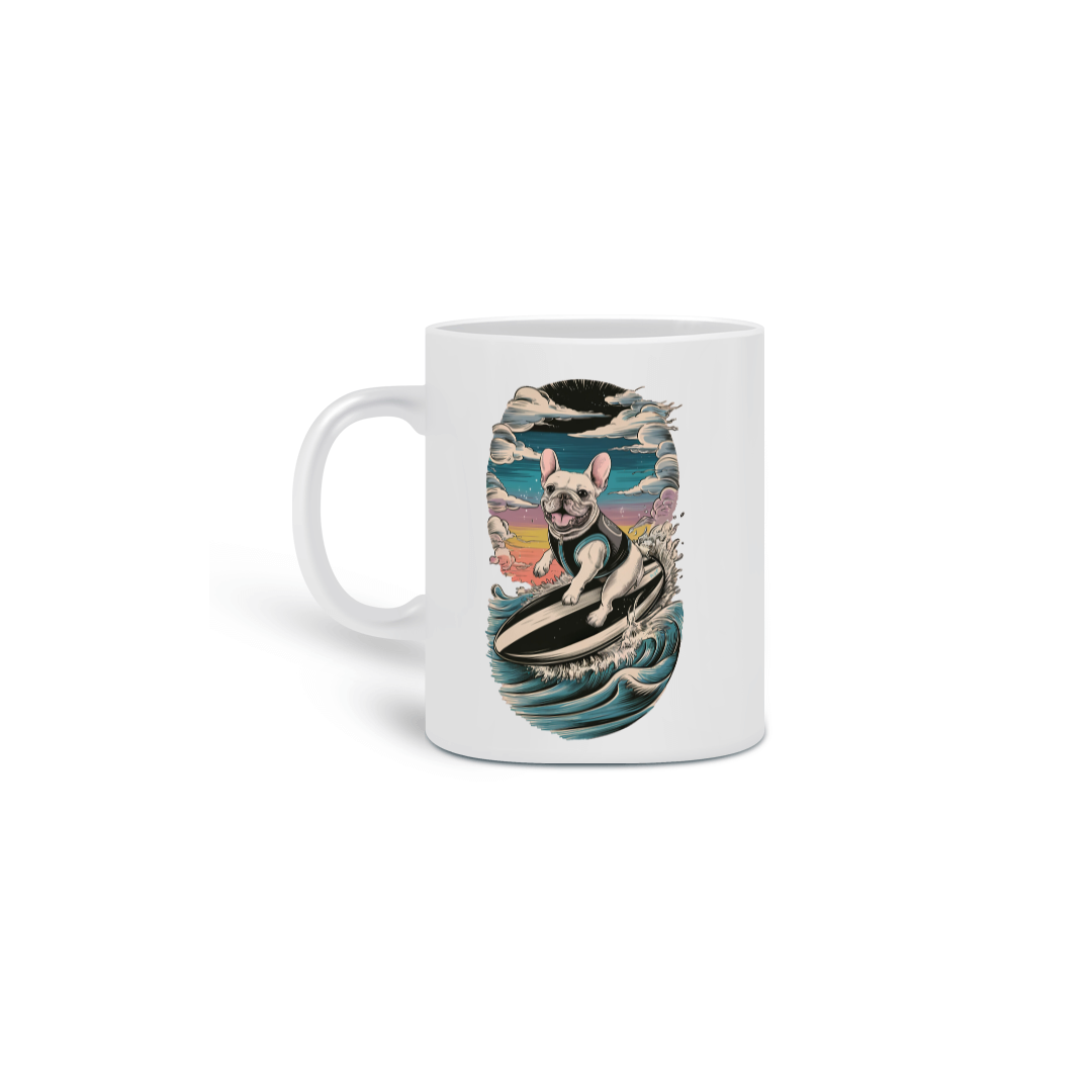 Nome do produto:  CANECA PERSONALIZADA CRIATIVA EM CERÂMICA, 325ML C/02 LADOS, DOG BULLDOG SURF