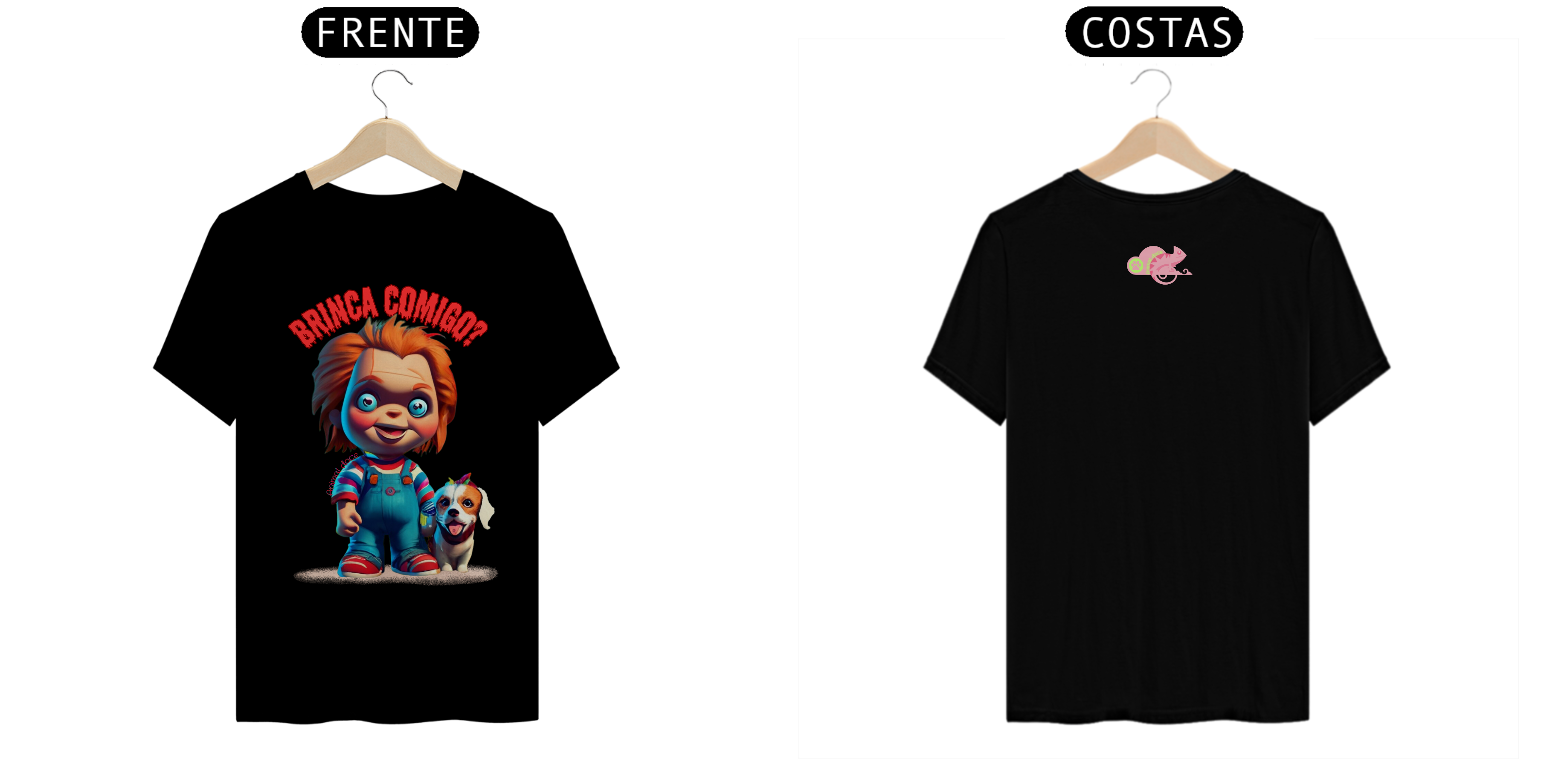 Nome do produto: CAMISETA T-SHIRT QUALITY FRENTE/COSTA DOG, LINHA FILME CHUCKY BRINCA COMIGO
