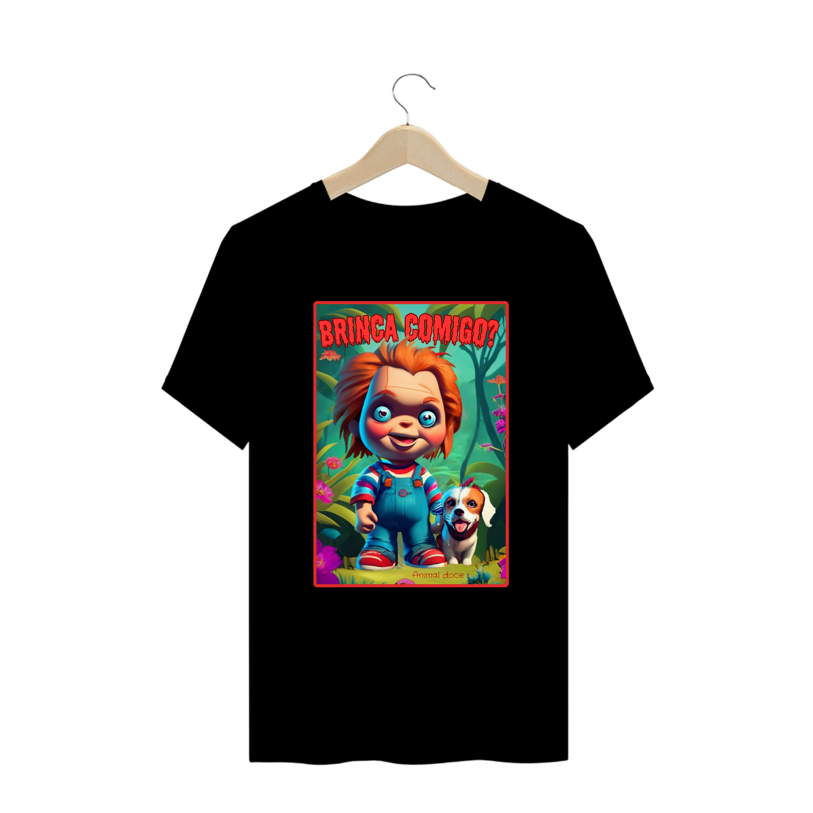Nome do produto: CAMISETA T-SHIRT PLUS SIZE DOG, CHUCKY BRINCA COMIGO 