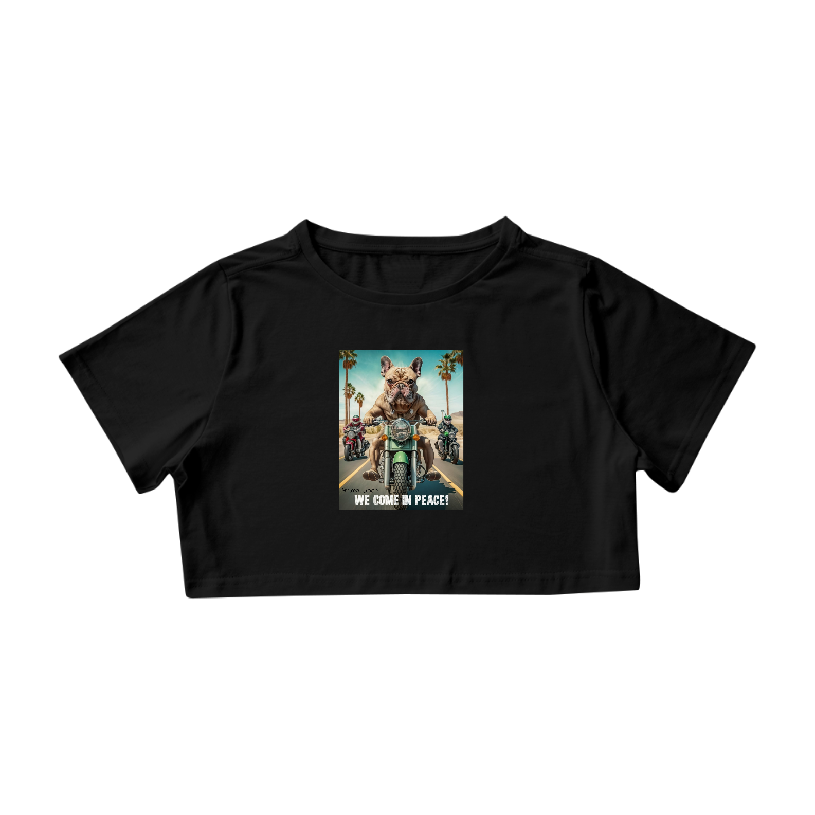 Nome do produto: CAMISA CROPPED DOG BULDOGUE, WE COME IN PEACE 
