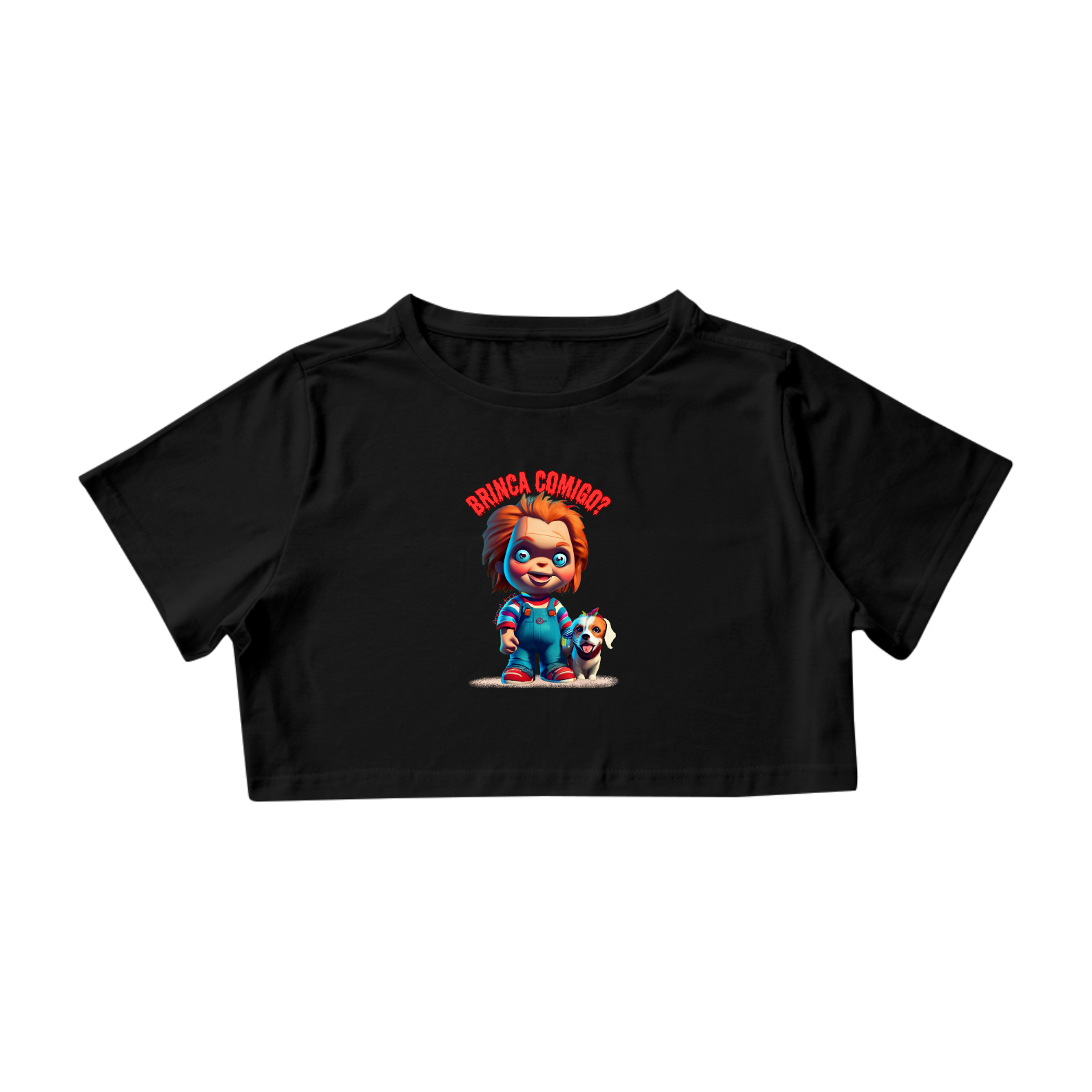 Nome do produto: CAMISA CROPPED, CHUCKY BRINCA COMIGO
