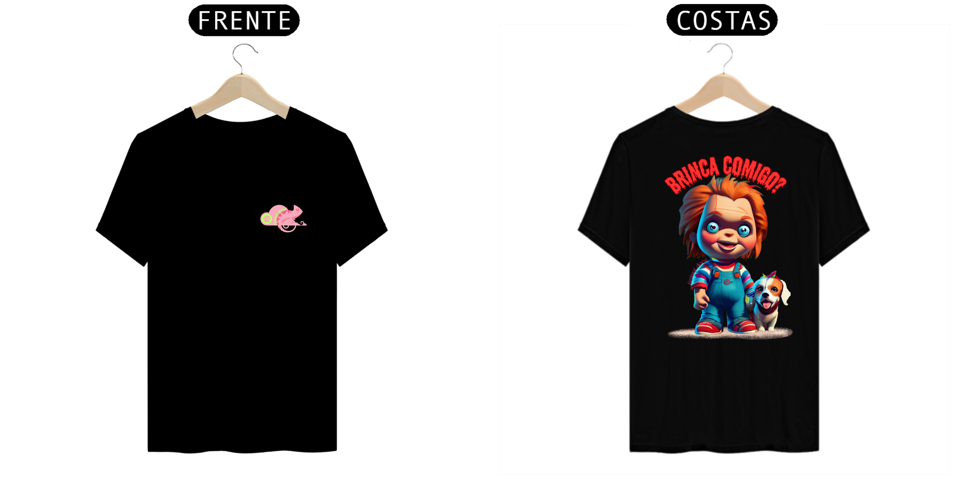 Nome do produto: CAMISETA T-SHIRT PRIME FRENTE E COSTAS DOG, LINHA FILME CHUCKY BRINCA COMIGO