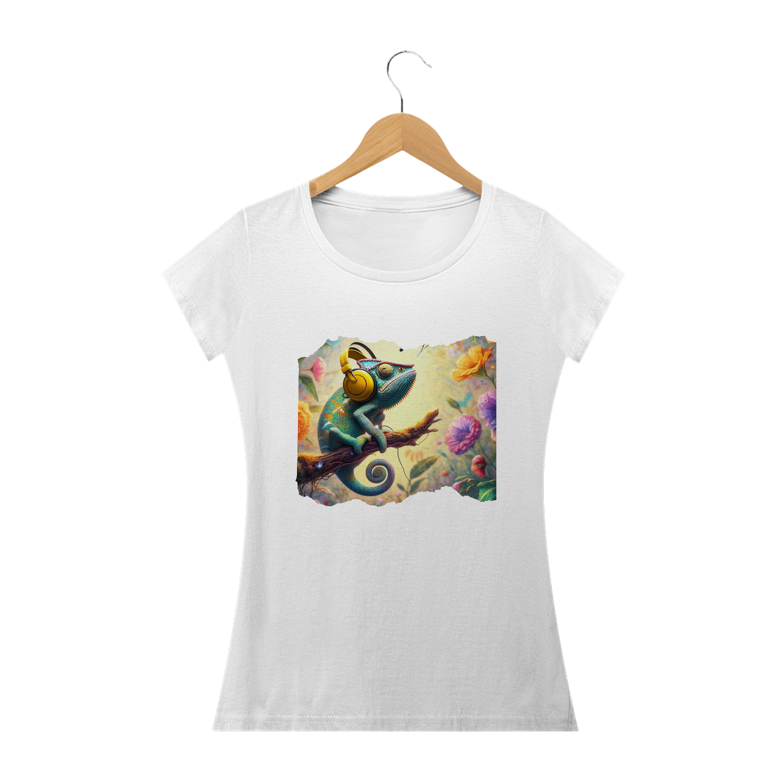 Nome do produto: Camiseta  Feminina - Camaleão de Fone