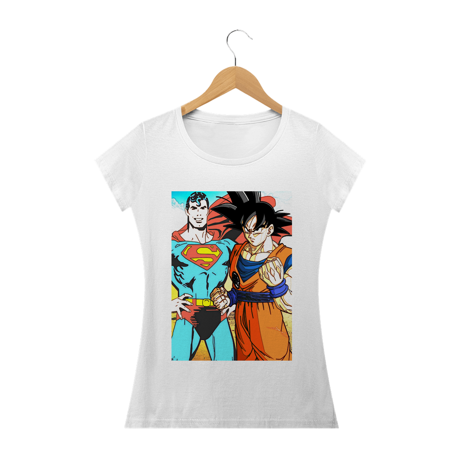 Nome do produto: Camiseta Super Man e Goku Feminina