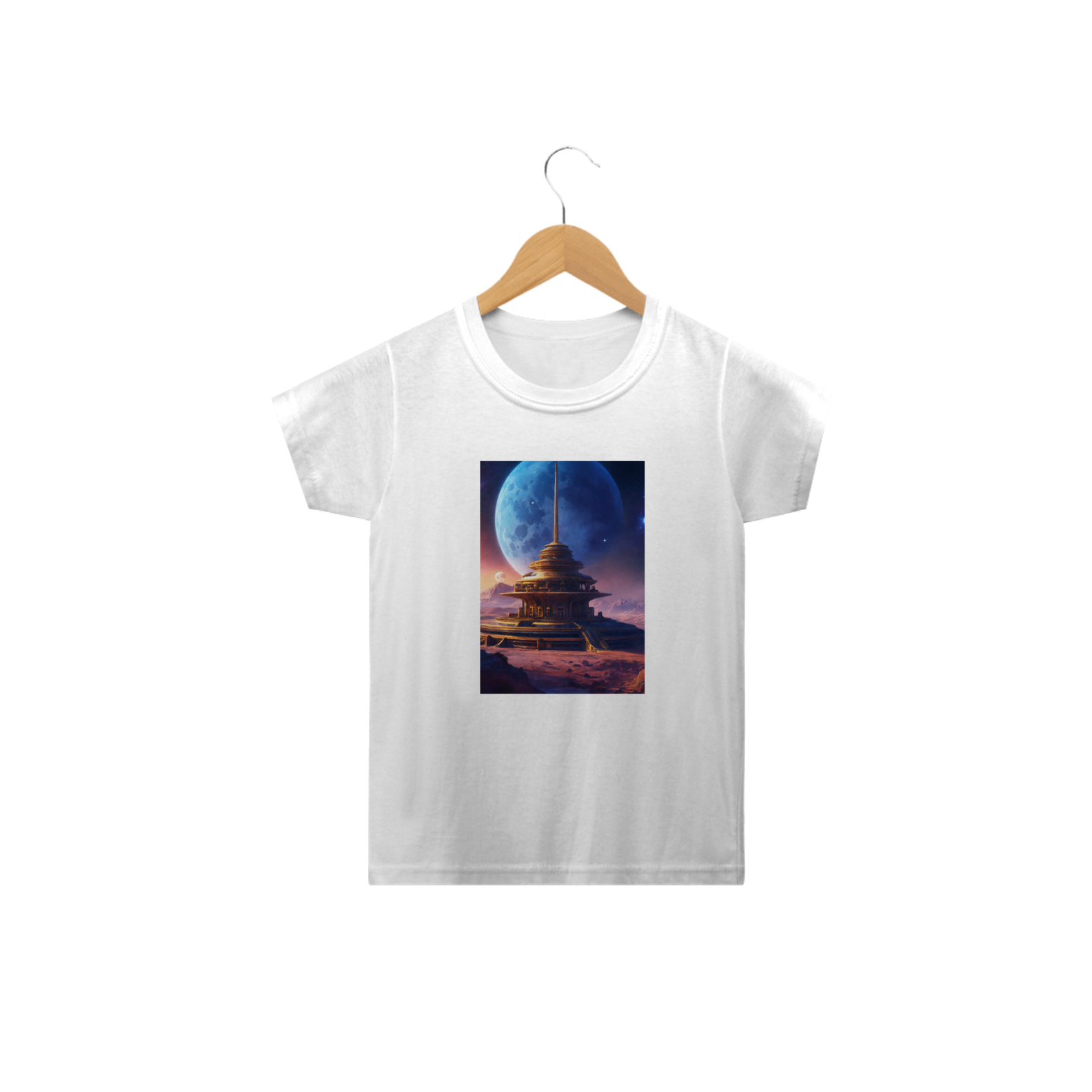 Nome do produto: camisetaBelo templo cósmico redondo índigo no centro de uma comunidade futurista , paisagem extraterrestre , planeta Sirius , a lua e as estrelas podem ser vistas no céu mesmo durante o dia