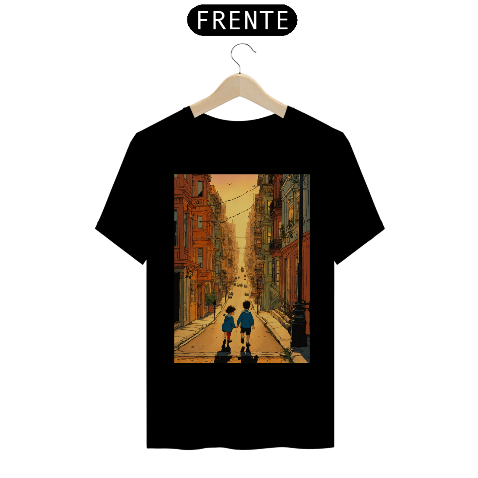 Nome do produto: camisetaBela ilustração de hergé de um menino e uma menina brincando nas ruas de São Francisco ao pôr do sol , cores vibrantes e arte comovente