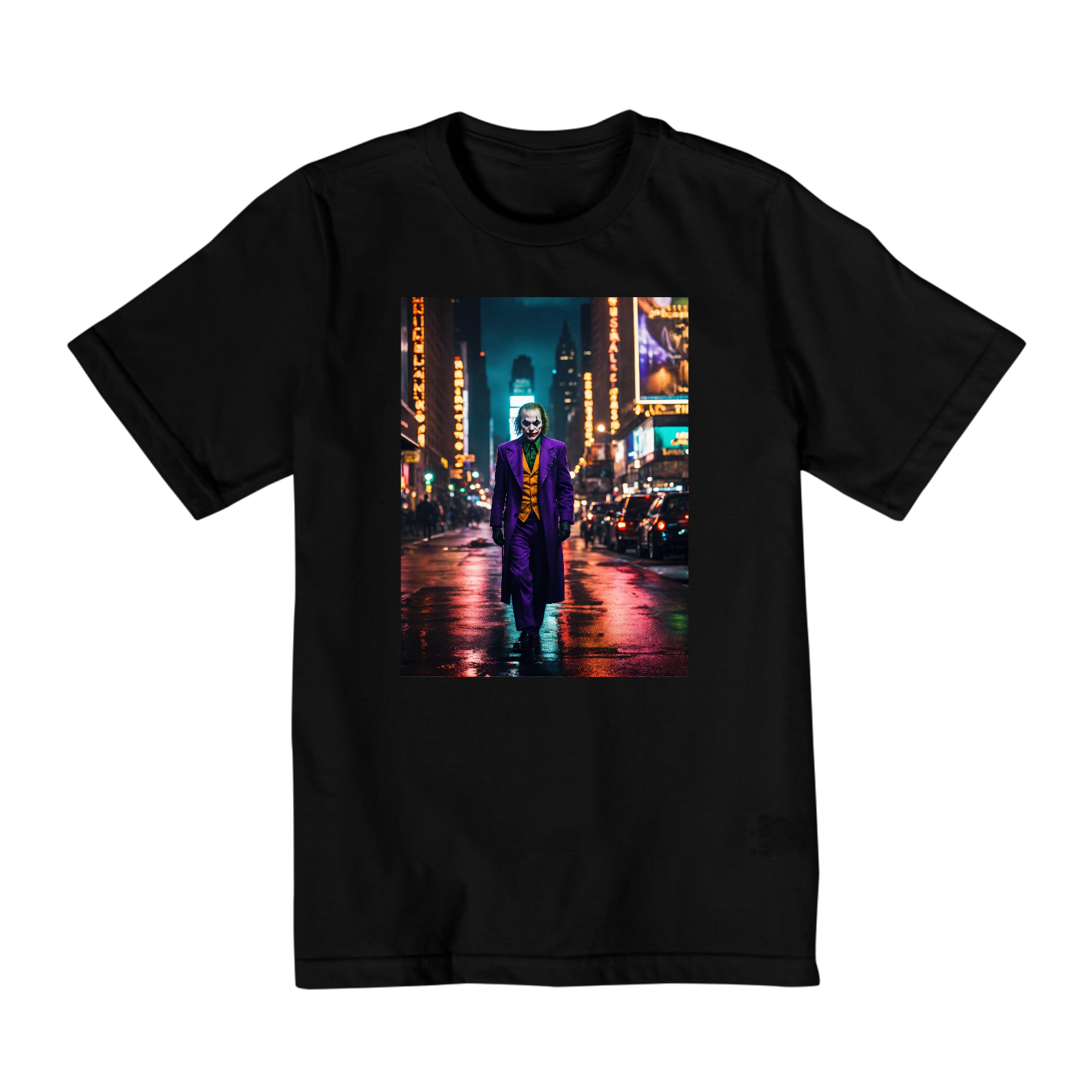 Nome do produto: Camiseta O curinga andando pelas ruas de Nova York , foto deslumbrante , estética sombria e temperamental , à noite , luzes da cidade ao fundo. surreal , 8k