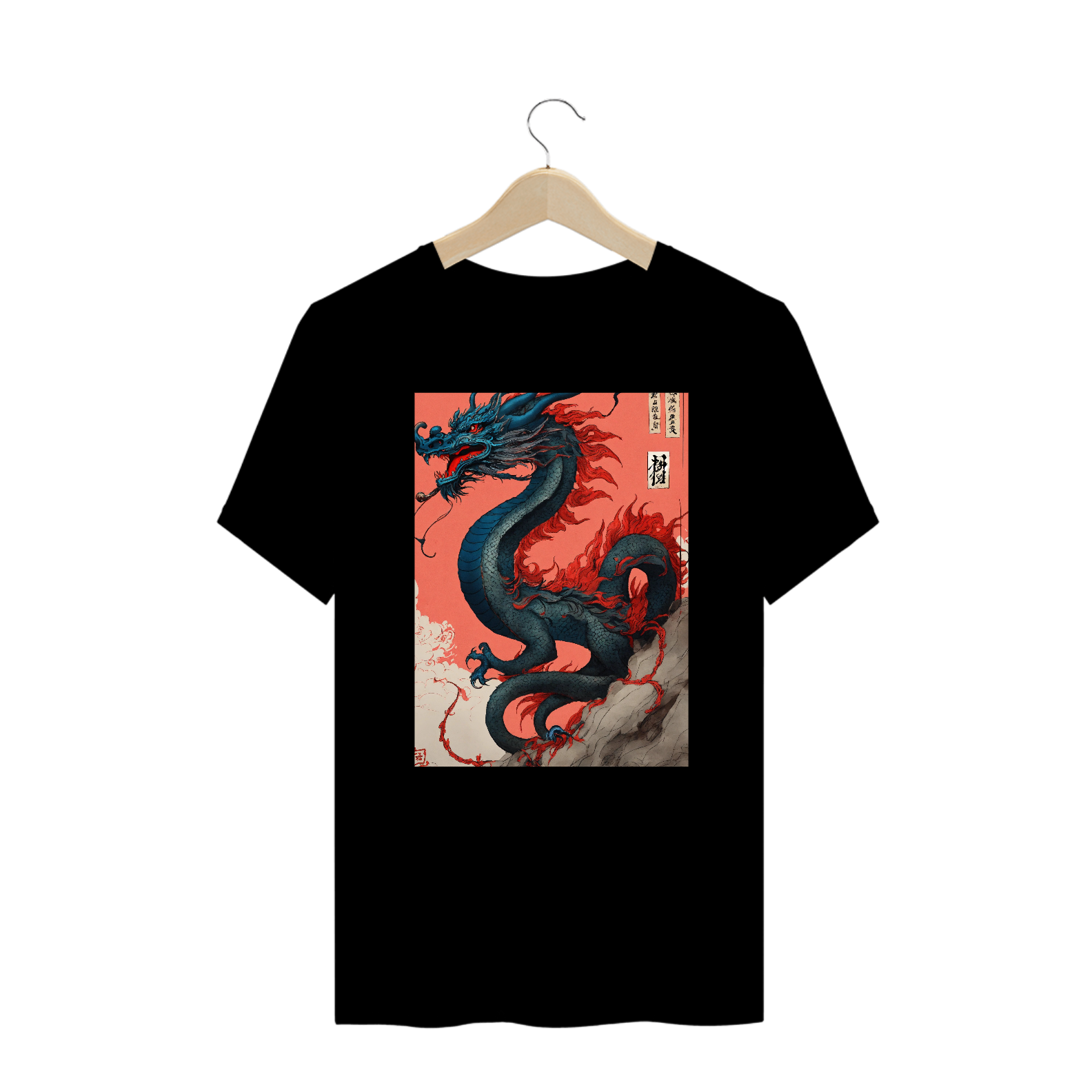 Nome do produto: Camiseta Shuǐmò huà ,水墨画, tinta preta e vermelha , um dragão em estilo chinês , arte em tinta de mschiffer , caprichoso , esboço grosseiro ,