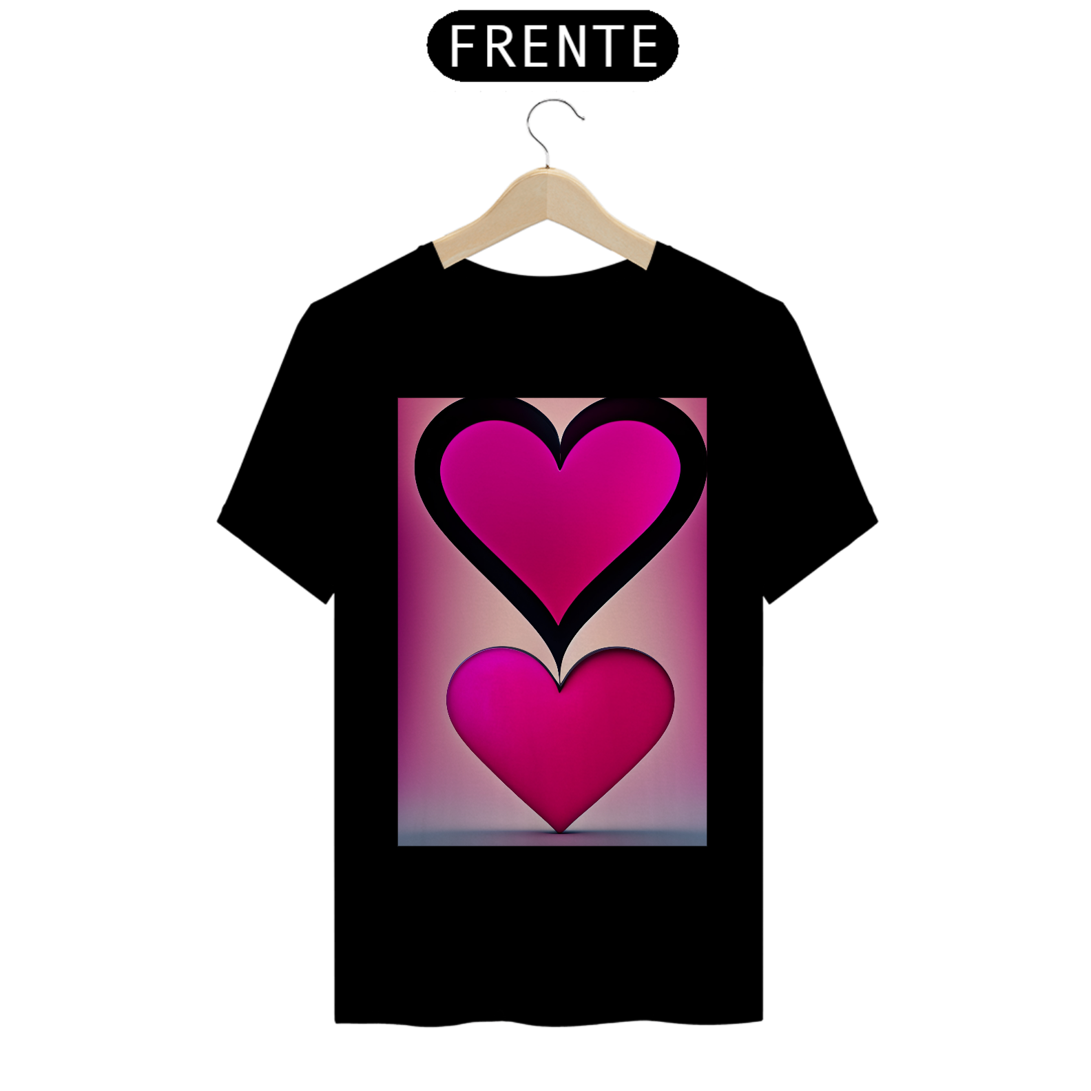 Nome do produto: CamisetaForma de coração em cor magenta viva , fundo escuro , letras \