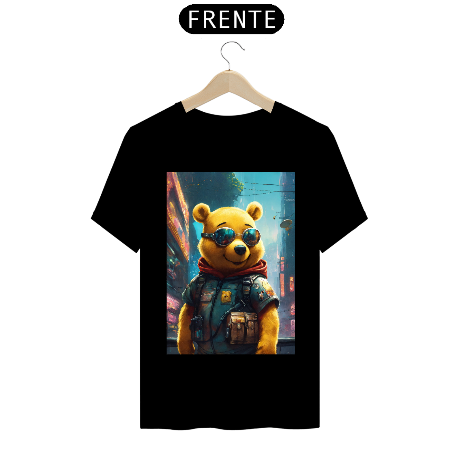 Nome do produto: CamisetaWinnie the Pooh vestindo um terno cyberpunk na cidade moderna e futurista