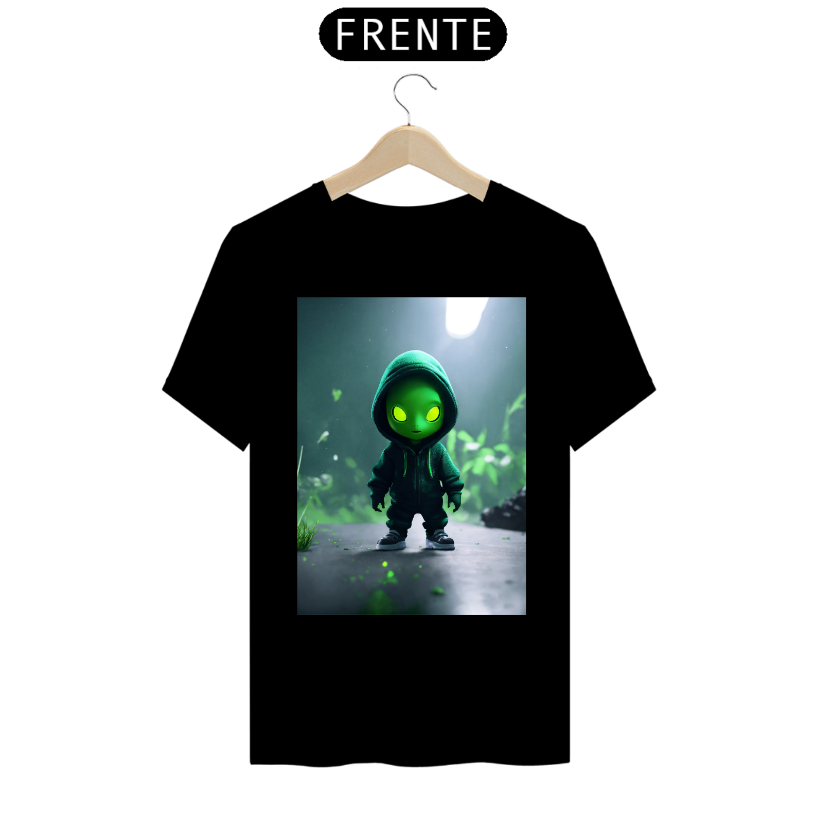 Nome do produto: CamisetaUm lindo alienígena verde com um capuz preto caindo no vazio em um fundo branco , renderização irreal do motor , 4k , cinematográfico