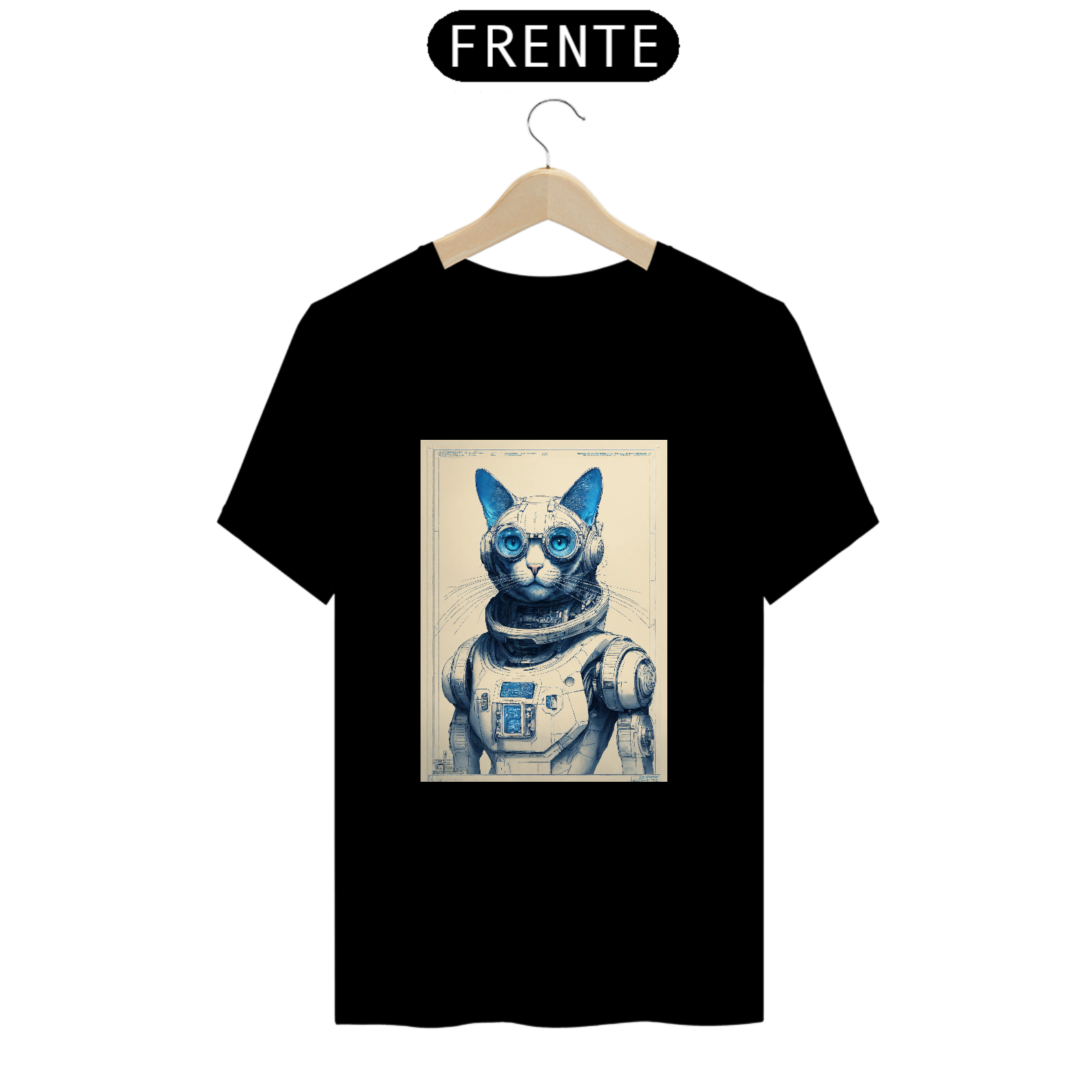 Nome do produto: CamisetaDe um gato cibernético realista 16k , desenhos técnicos vistos de frente e de lado em papel branco claro com texto de fundo em negrito como \