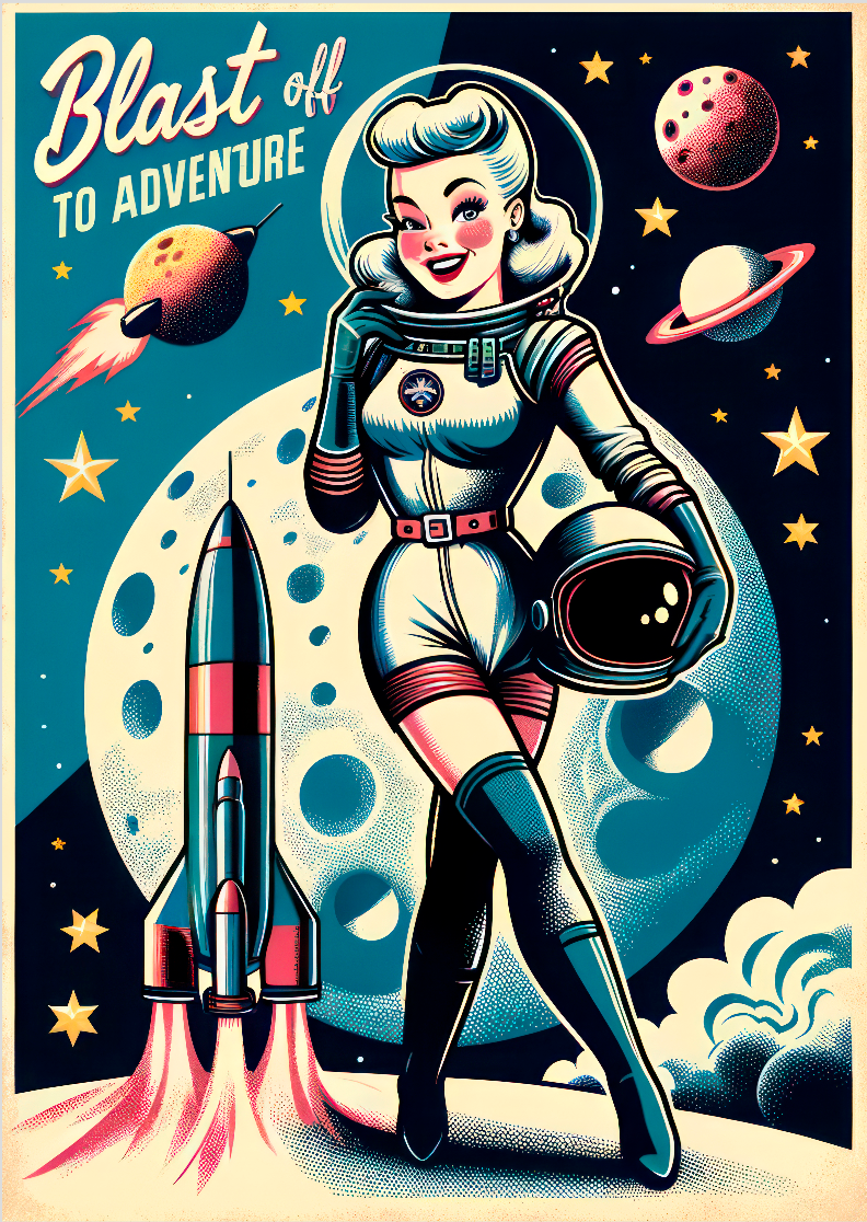 Pôster Vintage Astronauta - Retrô - Sem Moldura - Orientação Retrato - Tamanhos: A0, A1, A2 e A3 - Fine Art