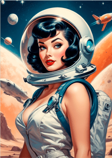 Pôster Vintage Astronauta Pin Up - Retrô - Sem Moldura - Orientação Retrato - Tamanhos: A0, A1, A2 e A3 - Fine Art