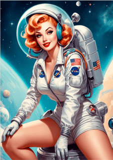 Pôster Vintage Astronauta Pin Up 02 - Retrô - Sem Moldura - Orientação Retrato - Tamanhos: A0, A1, A2 e A3 - Fine Art