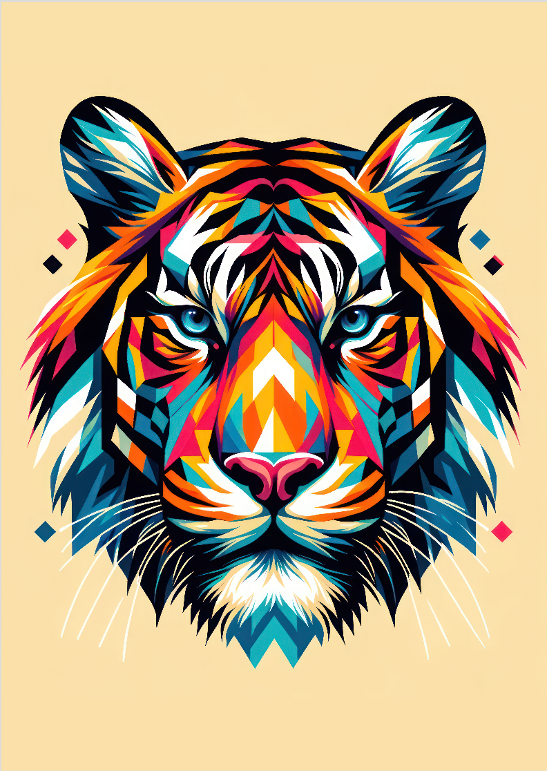 Pôster Ilustração Estilo WPAP - Face Tigre - Sem Moldura - Orientação Retrato - Tamanhos: A0, A1, A2 e A3 - Fine Art