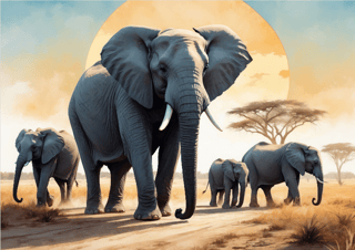 Pôster Ilustração  - Elefantes Africanos - Sem Moldura - Orientação Paisagem - Tamanhos: A0, A1, A2 e A3 - Fine Art