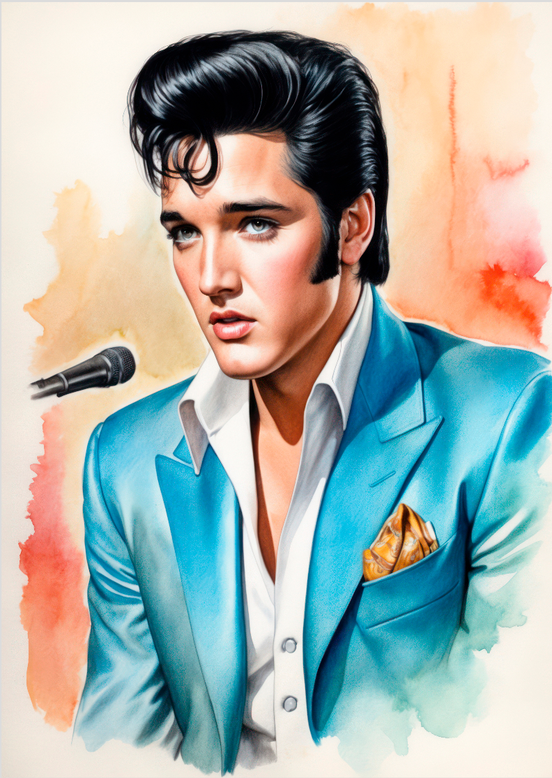Pôster Retrato Elvis Presley 02 - Aquarelado - Sem Moldura - Orientação Retrato - Tamanhos: A0, A1, A2 e A3 - Fine Art