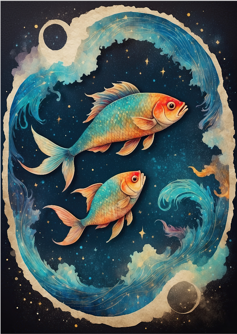 Pôster Ilustração - Signo de Peixes - Sem Moldura - Orientação Retrato - Tamanhos: A0, A1, A2 e A3 - Fine