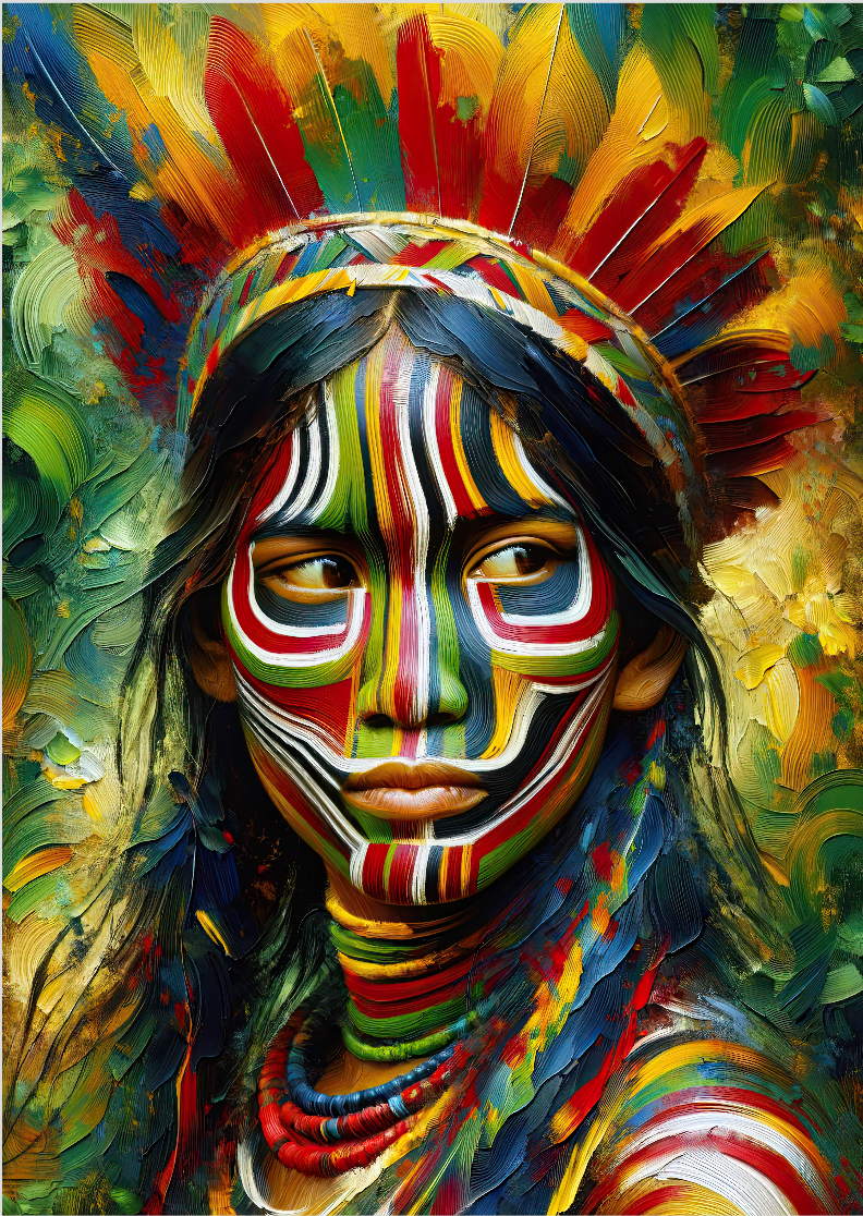 Pôster Pintura-  Índios - Mulher - Indígena 01 -  Sem Moldura - Orientação Retrato - Tamanhos: A1 e A2 - Fine Art