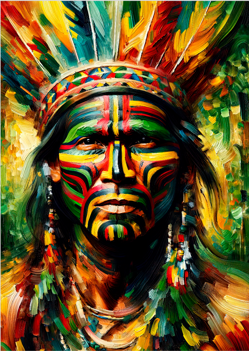 Pôster Pintura-  Índios - Homem - Indígena 02 -  Sem Moldura - Orientação Retrato - Tamanhos: A1 e A2 - Fine Art