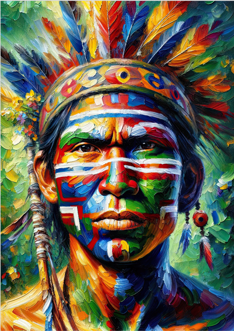 Pôster Pintura-  Índios - Homem - Indígena 03 -  Sem Moldura - Orientação Retrato - Tamanhos: A1 e A2 - Fine Art