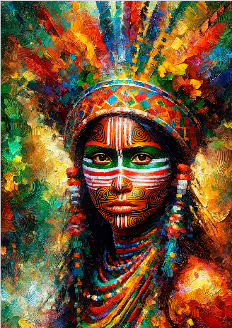 Pôster Pintura-  Índios - Mulher - Indígena 04 -  Sem Moldura - Orientação Retrato - Tamanhos: A1 e A2 - Fine Art