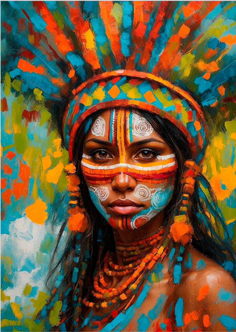 Pôster Pintura-  Índios - Mulher - Indígena 05 -  Sem Moldura - Orientação Retrato - Tamanhos: A1 e A2 - Fine Art