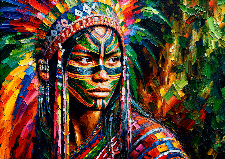 Pôster Pintura-  Índios - Mulher - Indígena 09 -  Sem Moldura - Orientação Paisagem - Tamanhos: A1 e A2 - Fine Art