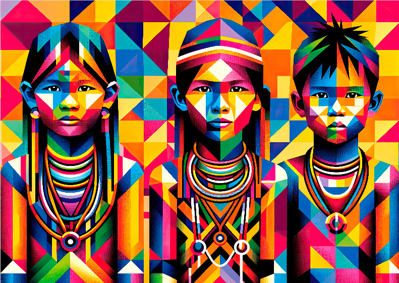 Pôster Ilustração  Estilo WPAP -  Índios - Crianças - Indígena 10 -  Sem Moldura - Orientação Retrato - Tamanhos: A1 e A2 - Fine Art