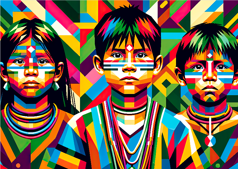 Pôster Ilustração  Estilo WPAP -  Índios - Crianças - Indígena 11 -  Sem Moldura - Orientação Paisagem - Tamanhos: A1 e A2 - Fine Art