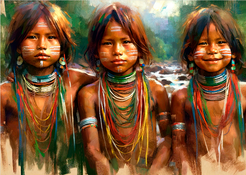 Pôster Pintura -  Índios - Crianças - Indígena 12 -  Sem Moldura - Orientação Paisagem - Tamanhos: A1 e A2 - Fine Art