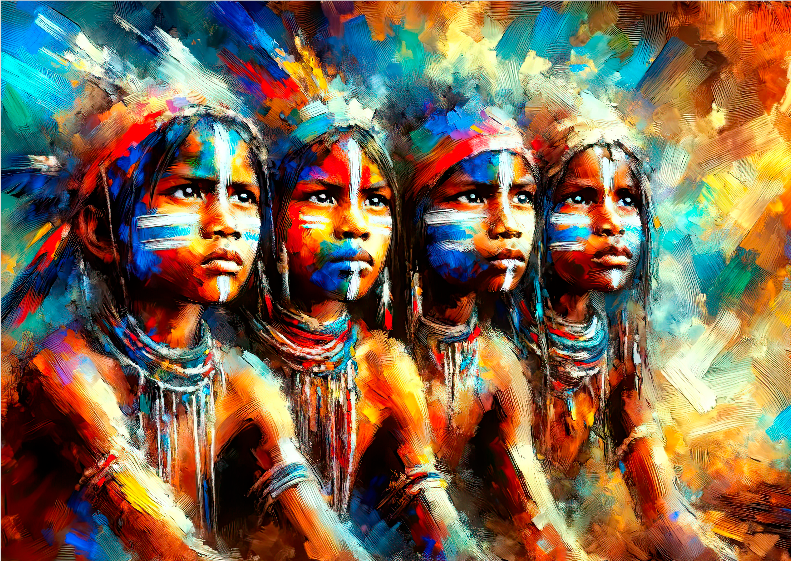 Pôster Pintura -  Índios - Crianças - Indígena 13 - Koz Palma - Sem Moldura - Orientação Paisagem - Tamanhos: A1 e A2 - Fine Art