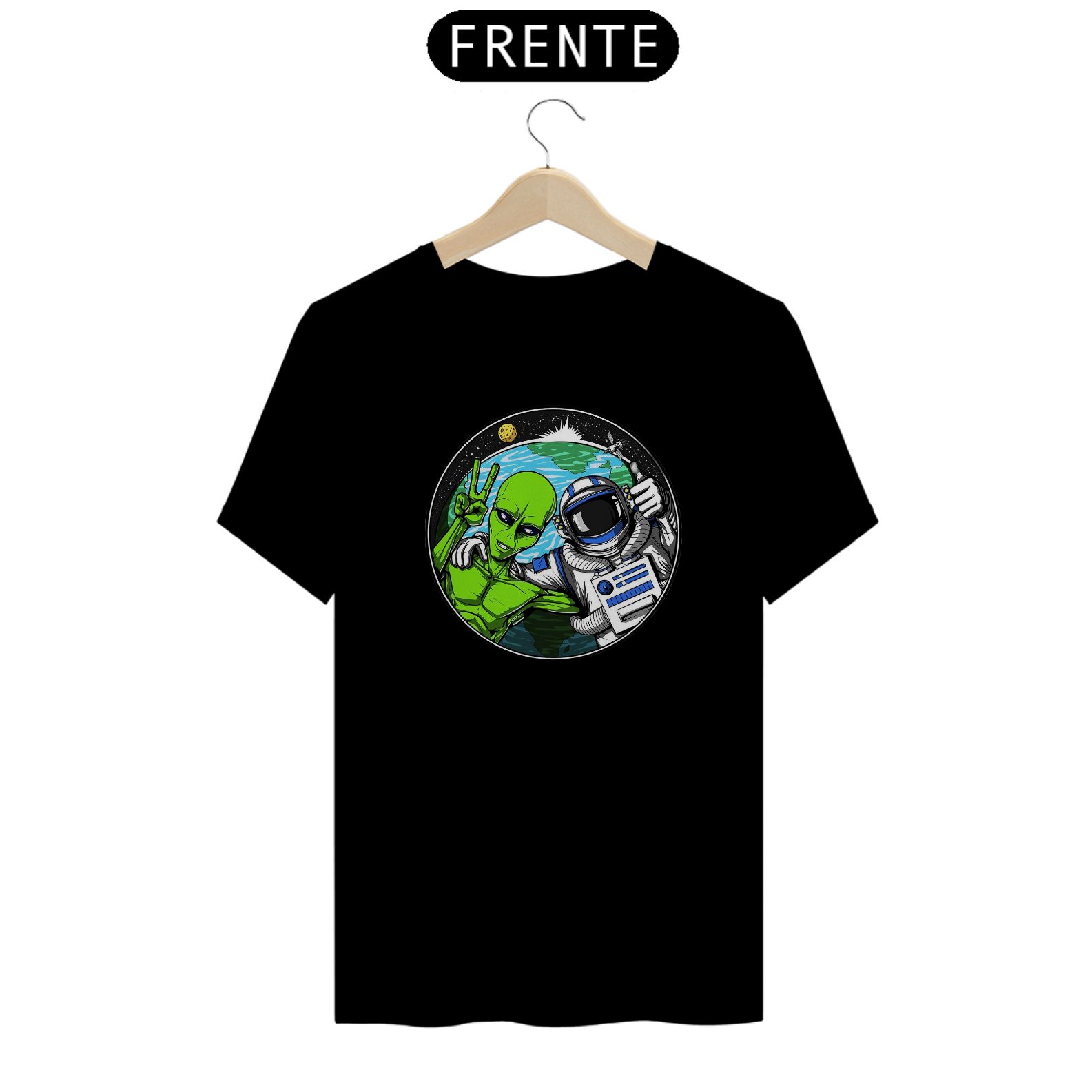 Nome do produto: Camiseta Alien e Astronauta Tirando Selfie