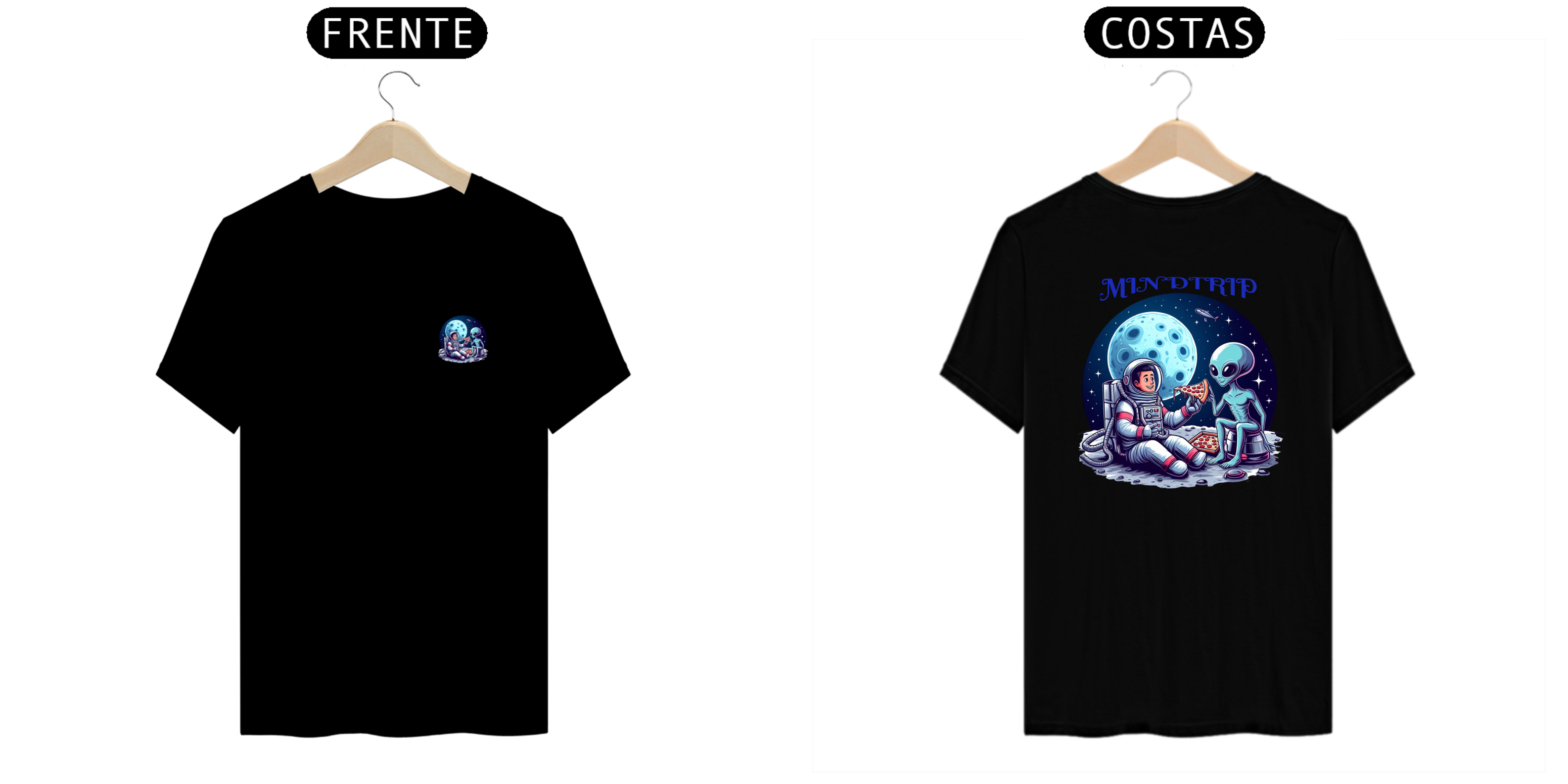 Nome do produto: Camiseta Alien e Astronauta Comendo Pizza (Mindtrip Apparel)